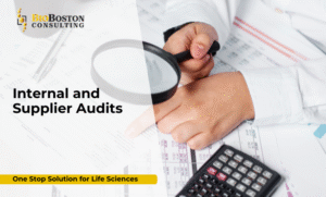 Quality auditor reviewing supplier documentation for GMP compliance