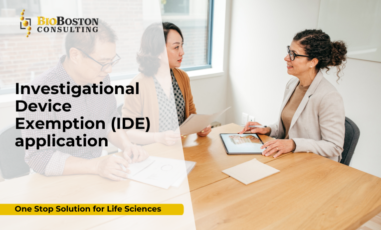"BioBoston consultant reviewing IDE application documents for a medical device clinical trial"