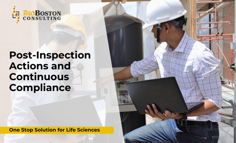 Quality team discussing post-inspection FDA compliance in biotech facility