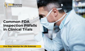 Biotech team reviewing clinical trial compliance documents