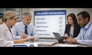 FDA GCP inspection readiness planning with clinical ops and QA reviewing controlled trial oversight records