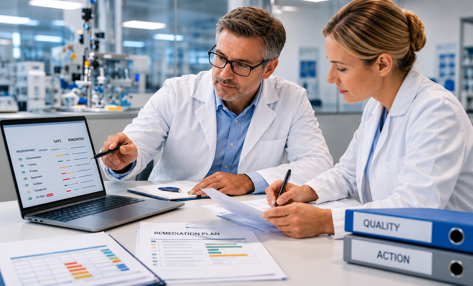 Medical device compliance specialists performing a gap assessment using quality management documents, regulatory checklists, and audit findings in a professional office setting.