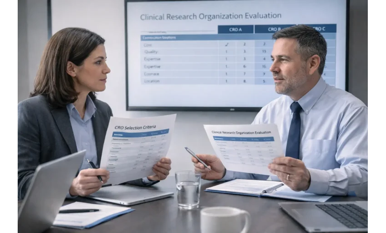Clinical research professionals at a Contract Research Organization (CRO) managing trial data, regulatory documents, and study operations in a modern office environment.