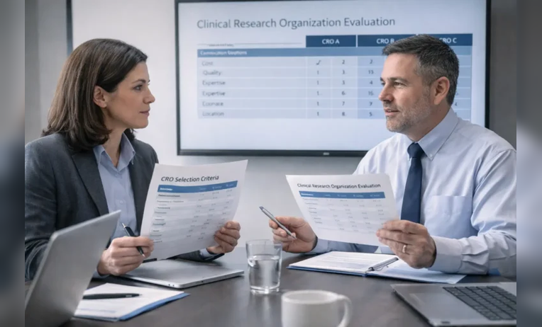 A person researching verified clinical research companies online while reviewing safety guidelines and healthcare credentials on a laptop in a professional setting.