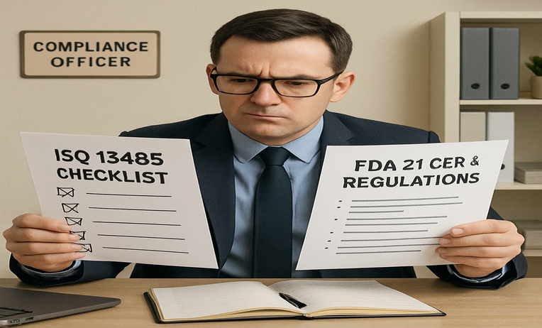 Effective QMS gap assessment for medical device compliance showing quality management system review, FDA and ISO 13485 compliance checks, risk assessment, audit readiness, CAPA, and validation processes.