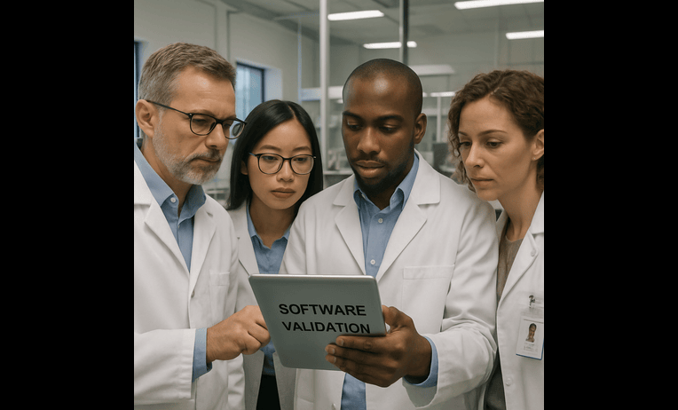 FDA software validation guidelines illustration showing Computer Software Assurance (CSA), risk-based testing, compliance documentation, cybersecurity controls, and regulated digital healthcare systems for medical device and pharmaceutical environments.