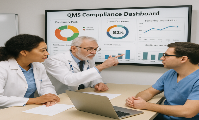 Gap assessment for medical devices showing quality management system review, FDA compliance evaluation, ISO 13485 alignment, risk assessment, audit readiness, and regulatory documentation analysis.