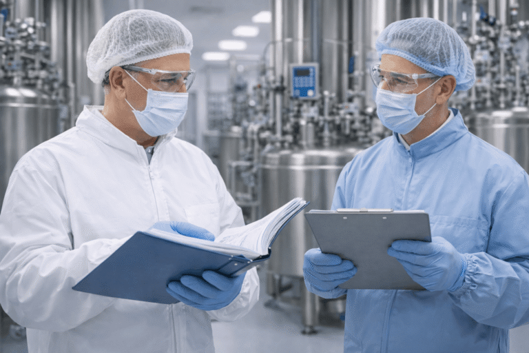 Scientists and technology consultants collaborating in a modern life sciences laboratory, reviewing digital data and medical innovation workflows to accelerate the journey from research to market-ready healthcare solutions.