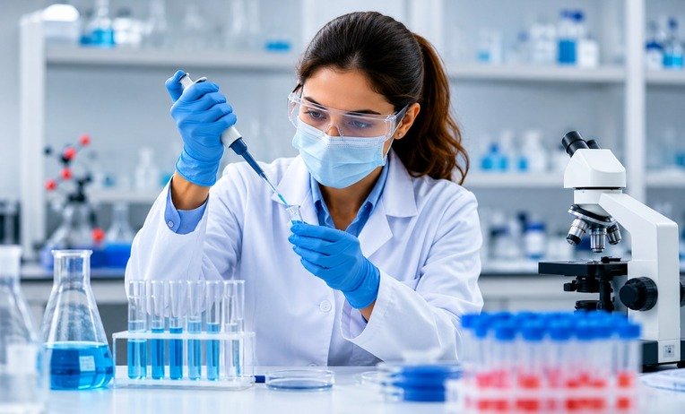Clinical lab scientist performing laboratory testing on patient samples using advanced diagnostic equipment in a healthcare laboratory.