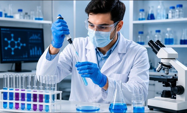 Clinical laboratory staff following CLIA safety regulations while reviewing compliance protocols, diagnostic testing procedures, and laboratory quality control measures.