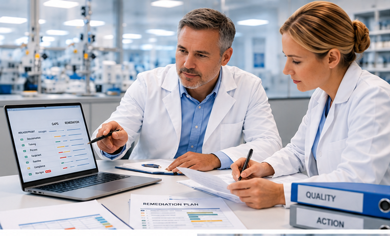 Quality management professionals reviewing process documents and compliance checklists while defining the baseline for a gap assessment in a medical device organization.