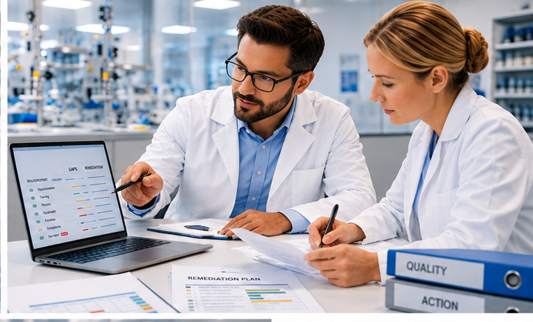 Medical device compliance team performing a QMS gap assessment with quality documents, audit reports, and regulatory checklists in a professional office environment.