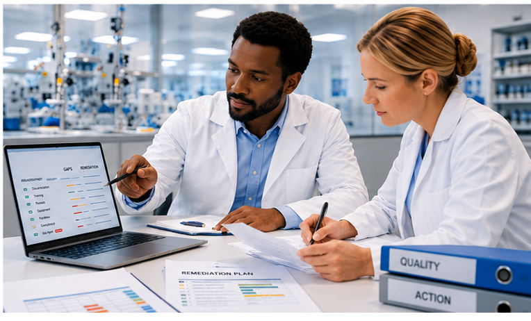 Medical device quality assurance team conducting a QMS gap assessment with compliance documentation, audit checklists, and regulatory standards displayed on digital screens.