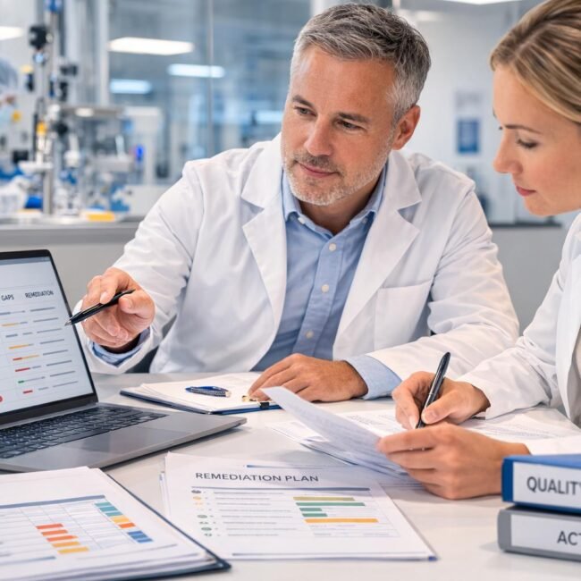 Professionals performing a gap assessment to evaluate organizational performance and compliance requirements.